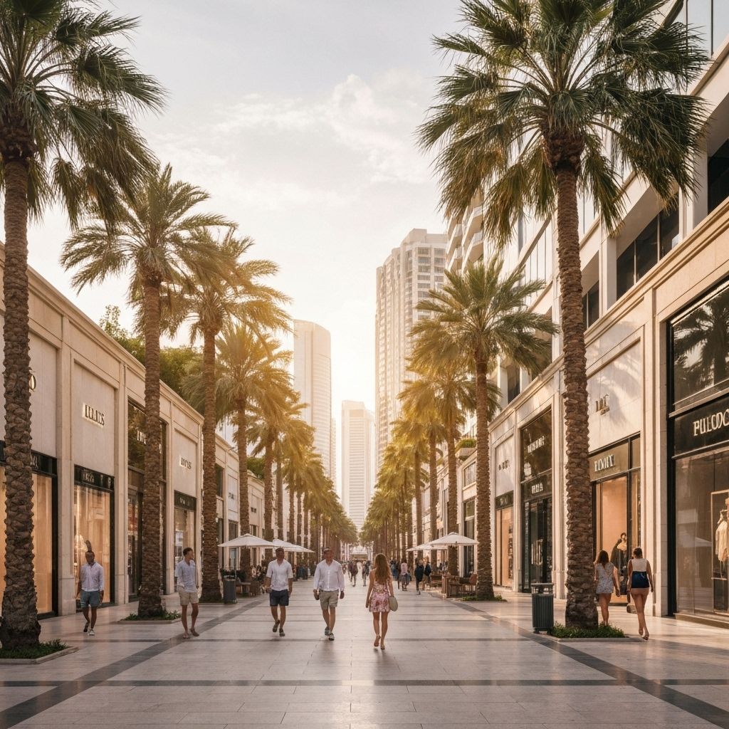Luxury shopping boulevard with palm trees