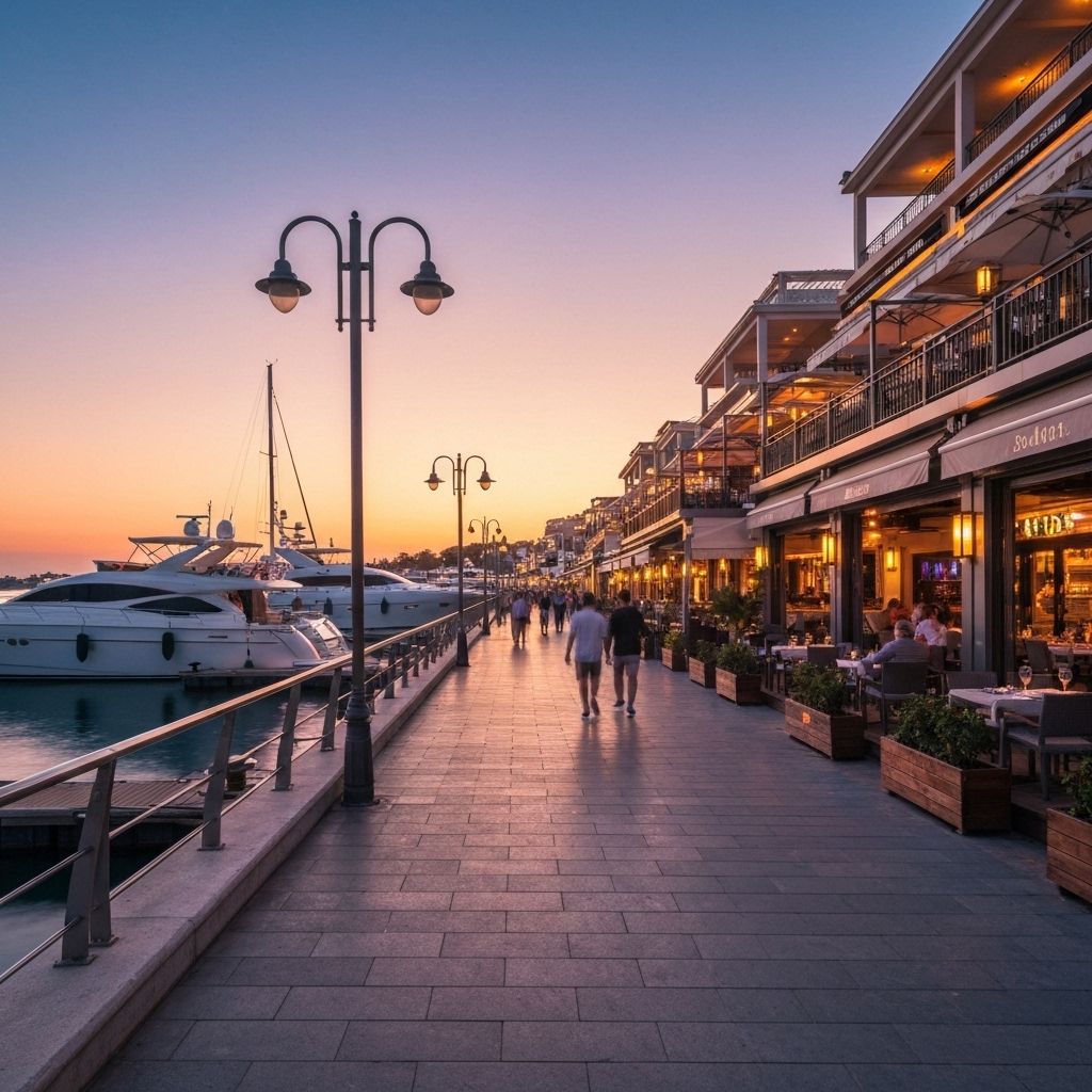 Luxury waterfront promenade with restaurants