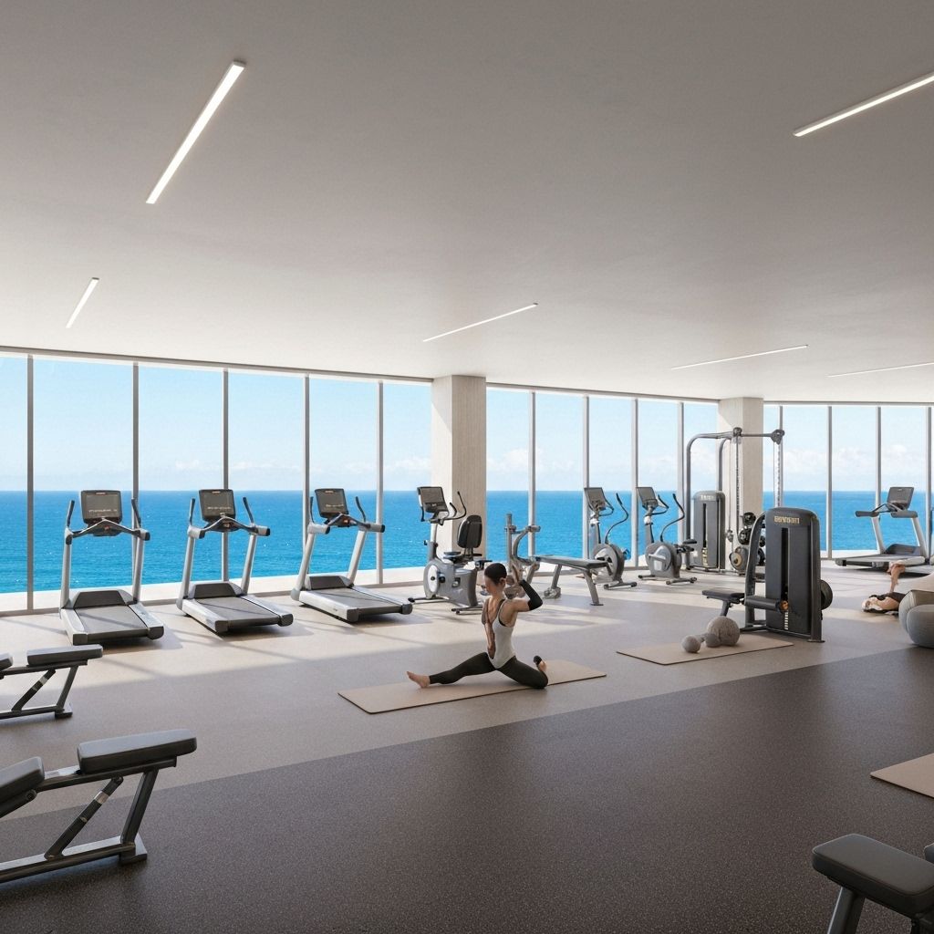 Modern fitness center with ocean views